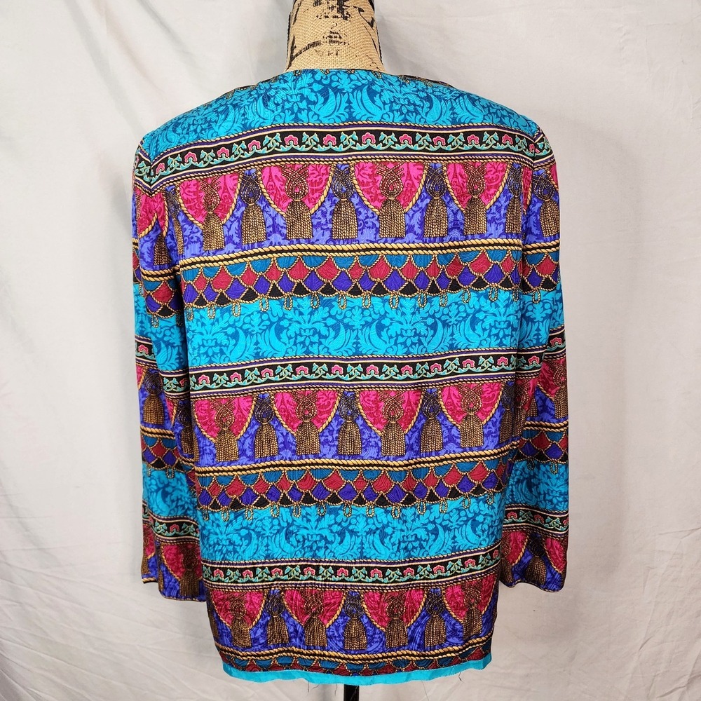 Vintage ADRIANNA PAPELL Size 12 Rope Tassel Print 100% Silk Bright Retro Blouse - Picture 6 of 12